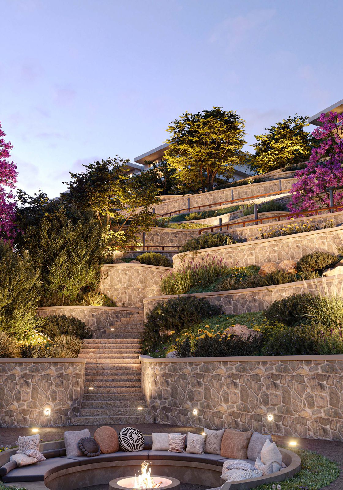 منطقة الجلوس المدرجة مع موقد النار